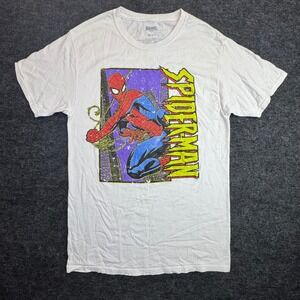Marvel Spiderman Graphic T-Shirt Mens Small White Retro Comic Print Cotton